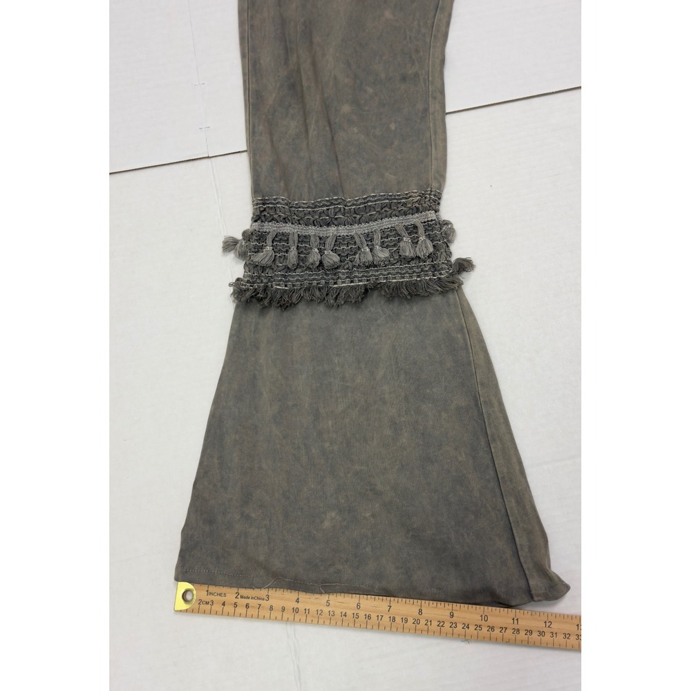 Chatoyant Flare Leg Pants Womens L Gray Tassel Trim Mineral Wash Boho Festival - Picture 7 of 10